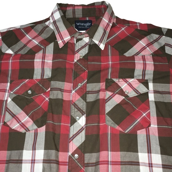 Wrangler Western ‎Pearl Snap Brown Red Plaid Long Sleeve Shirt - Men’s XL - Picture 7 of 13